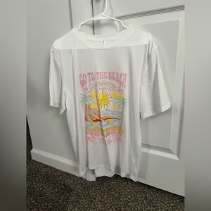 White Oversized T-Shirt with Colorful Beach Graphic